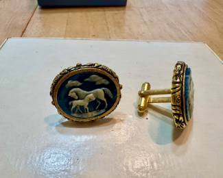 Dante Cameo Vintage Cufflinks Horses Incolay Brown