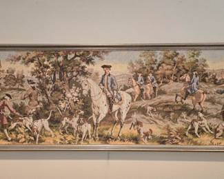 Large vintage French hunting scene wall tapestry (57" wide x 20" tall, framed)