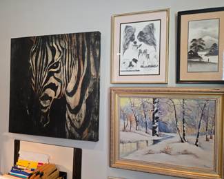Liz Jardine zebra wall art "Striped Pajamas"; Lyn St. Clair Stubbs signed, limited edition Papillon dog art print; original oil winter forest scene painting signed G. Shoop