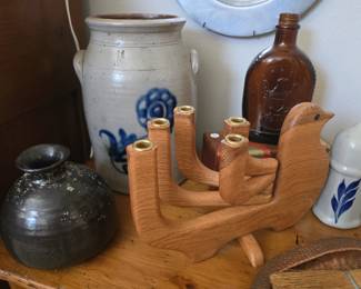 Mid century modern wood bird candelabra; old salt glaze crock