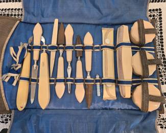 Antique French Ivory (celluloid) make up and manicure set. 15 pieces, excellent condition.