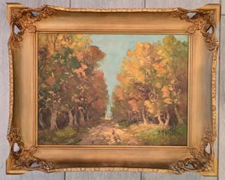 Vintage autumn lane oil painting on canvas board. Signed in lower left but signature can't bee discerned. 20 1/2" wide x 16 1/2" tall, framed.