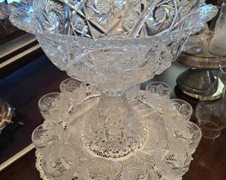 Imperial Glass "Whirling Star" punch bowl set with 12 cups and glass ladle