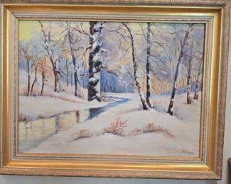 original oil winter forest scene painting signed G. Shoop
