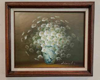 Vintage Nancy Lee original oil on canvas. Daisies in Asian style painted vase. Framed size 26" wide x 22" tall
