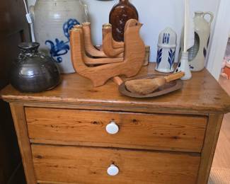 Primitive pine nightstand; mid century figural bird candle holder; salt glaze pottery
