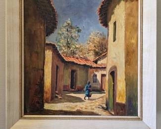 Vintage original Mexican Street Scene oil painting on canvas signed E. Figuero. Framed size 22" wide x 24" tall