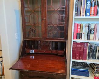Antique wood drop front secretary with curio cabinet and secret hidden drawers