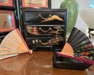 Vintage lacquer box, vintage painted fans