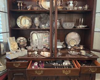 Ethan Allen 2 piece solid wood lighted china cabinet with convex glass paned doors.