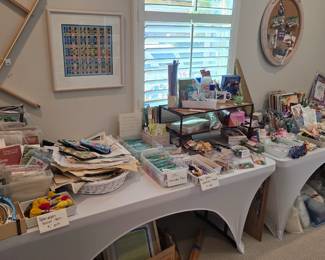 Crafting and sewing supplies: fabric, thread, notions, yarn, scissors, tools, embroidery thread, embroider stretcher frames and hoops, knitting & crochet needles, dozens of new/old needlework project kits, sewing boxes, vintage buttons and more