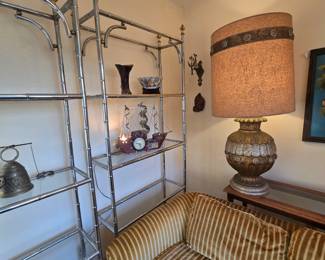 Pair of chrome/brass bamboo shelves, giant 70s ceramic lamp