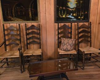 Set of (4) ladderback chairs, pair of velvet paintings