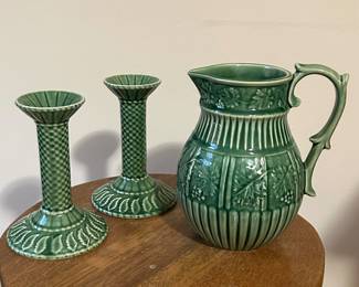 Bordallo Pinheiro green candlesticks and pitcher ~