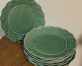 Set of 8 Bordallo Pinheiro green basketweave plates~