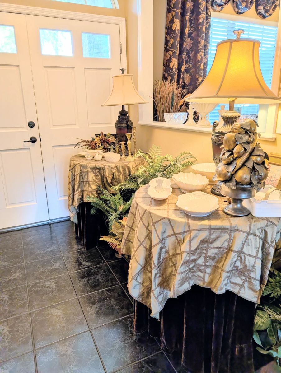 Foyer entry - matching side tables and Lenox serving pcs