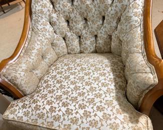 Vintage French Provincial Walnut, Tufted Gold/White Floral Jacquard Upholestry