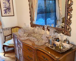 Vintage French Provincial (1949) Side Board, Custom Glass Top, Vintage Ornate Gold Wall Mirror