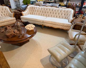  Vintage French Provincial Walnut, Tufted Gold Floral Jacquard Upholstered Sofa