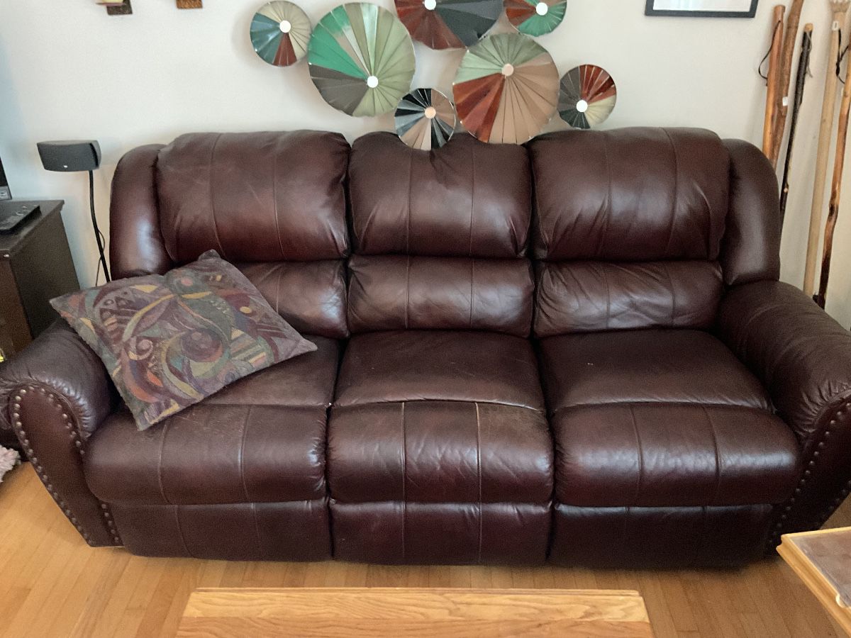 Double electric recliner leather couch