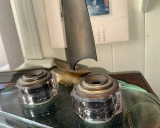 Midmodern brass + glass desk pen set 