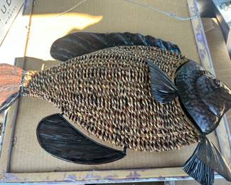 MCM rattan and metal lathe wall fish