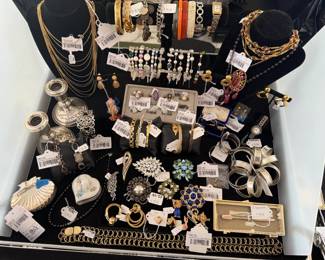 14k Chain (BL), Gas Bijoux Romeo Necklace, Sterling Scroll Bracelet, Danecraft Sterling Cuff, Candle Holders, 14k Abstract Pearl Ring, Winard Gold Filled Bangle, (BL) Sterling Shell Ashtray Set, Vtg Panetta Brooch, Vintage Rhinestone Brooch, Sterling Toothbrush, Gorham Sterling 133.2g   