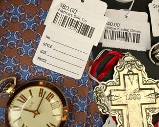 Hermes Silk Tie, Lalique Kissing Doves 