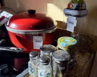 Mackenzie Childs Kitchen Timer, Club Oval Dutch Oven, Spoon Rest, Salt & Pepper Shaker