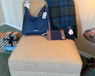 Ethan Allen Slipper Chair, Blue Green Pendleton Blanket, Blue Tabitha Brahmin Bag  