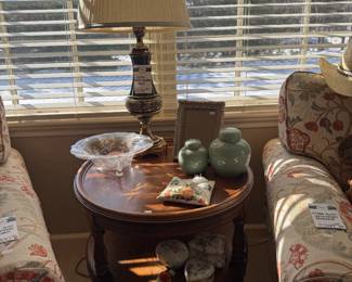 Wooden Side Table, Stiffel Brass Pineapple Lamp  