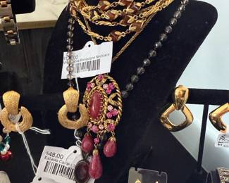 Vtg Rhinestone Necklace, St John Clip On Earrings 