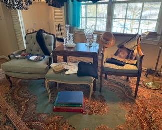 Majolica Sculptural Fruit Plates, Armchair, Ottoman, Books, Wood Side Table, Vases, Iittala Festivo Candlestick Trio, Louis XVI Style Armchair, Purses