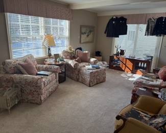 Wood Magazine Rack, Ethan Allen Upholstered Armchair, Camelot Book, Wooden Side Table, Stiffel Brass Pineapple Lamp, Ceramic Floral Envelope, Ethan Allen Upholstered Ottoman   