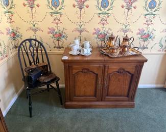 Kindel Grand Rapids Extendable-Top Cabinet, Wooden Chair, WM Rogers Tea Set
