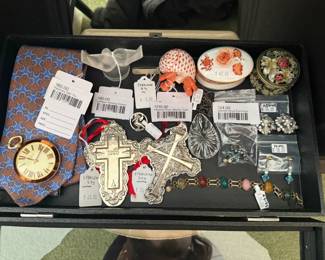 Hermes Silk Tie, Lalique Kissing Doves 