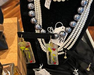 14k Green Stone Earrings, Art Glass Dangle Earrings, Necklaces