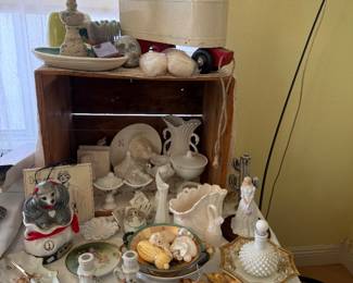 Large vintage toy, some milk glass 