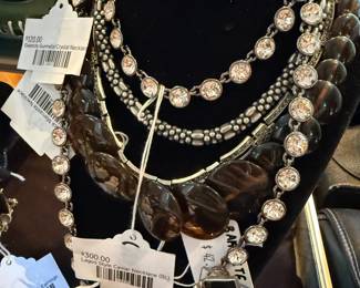 Lagos Style Caviar Necklace(BL), Givenchy Gunmetal Crystal Necklace, Chuncky Bakelite Bracelet, Judith Jack Iris Brooch