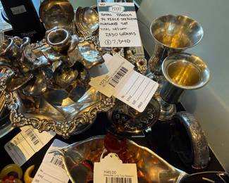 Bakelite Crib Toy Brooch, (BL) Sterling Candle Holder Pair, Royal Danish 74 Piece Sterling Flatware Set, (BL) Sterling Candle Holder Pair 