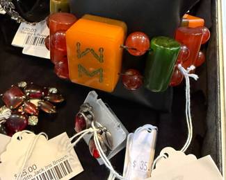 Chuncky Bakelite Bracelet, Judith Jack Iris Brooch