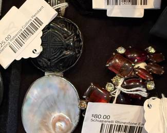 Schiaparelli Rhinestone Earrings, Sterling Rebecca Collins Pendant, Sterling & Purple Stone Bracelet, 14k Pearl Sun Brooch 