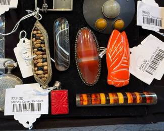 Sterling Carved Pendant, Bakelite Cicada Brooch, Givenchy Drop Earrings