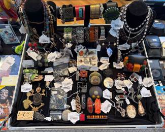 Lagos Style Caviar Necklace(BL), Givenchy Gunmetal Crystal Necklace, Sterling 18k Turtle Pendant, Schiaparelli Rhinestone Earrings, Sterling Rebecca Collins Pendant, Sterling & Purple Stone Bracelet, 14k Pearl Sun Brooch