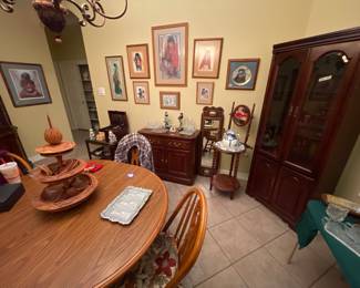 Curio cabinet/china cabinet, antique wash basin, oak dining table/4chairs/leaf