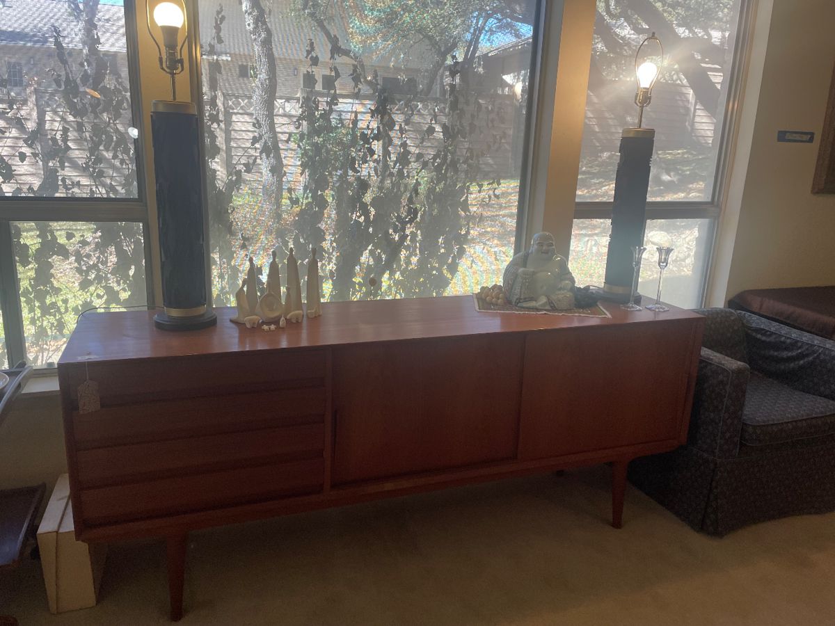 MID CENTURY TEAK BUFFET      WALL PAPER ROLLER LAMPS    WILL HAVE BETTER LAMP PICS UP SOON  