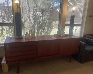 MID CENTURY TEAK BUFFET      WALL PAPER ROLLER LAMPS    WILL HAVE BETTER LAMP PICS UP SOON  