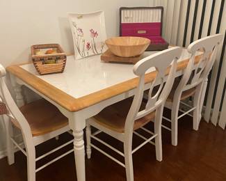 SOLID WOOD -TILE TOP FARM TABLE    HAS 4 CHAIRS - 1 NEEDS A SMALL REPAIR -   OTHERS ARE  FINE = 