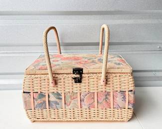 145 VintageWovenWickerSewingBasketwVariousSewingSupplies