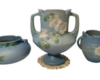 Three Blue Roseville Pottery Vases